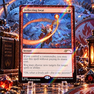 以下が含まれることがあります： Deflecting Swatというタイトルのホログラフィック仕様のMagic: The Gatheringトレーディングカード。カードには火の呪文を唱える髭を生やした人物が描かれており、対象を変更するインスタント呪文の能力とマナコストが記載されています。