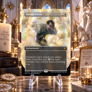 Puede incluir: Una carta coleccionable holográfica de Magic: The Gathering titulada Ghostly Prison, con una ilustración de una persona angustiada rodeada de figuras etéreas. El texto de la carta dice: Creatures can't attack you unless their controller pays 2 for each creature they control that's attacking you.