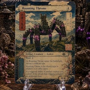 May include: A rectangular trading card titled Roaming Throne featuring a stone golem creature with purple glowing joints walking through a mountainous landscape. The card includes text describing its abilities, a 4/4 power and toughness, and Japanese characters.