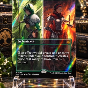 Puede incluir: Una carta coleccionable holográfica Parallel Lives con una ilustración dividida de dos figuras, una en un entorno de bosque verde y la otra en un paisaje ardiente. El texto de la carta dice: If an effect would create one or more tokens under your control, it creates twice that many of those tokens instead.
