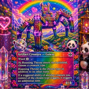 May include: A rectangular trading card titled Roaming Throne featuring a vibrant, rainbow-colored mechanical golem shaped like a throne with multiple legs. The artwork includes a white tiger cub, a panda cub, a rainbow, and flowers. The card text details the artifact creature's abilities, including Ward 2 and a 4/4 power and toughness rating.