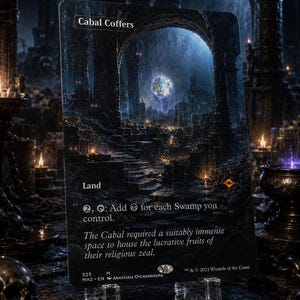 Könnte beinhalten: Eine Magic: The Gathering Sammelkarte Cabal Coffers mit einer dunklen, atmosphärischen Illustration eines steinernen Torbogens, der zu einer mondbeschienenen Stadt führt. Der Kartentext enthält Name, Land-Typ, Fähigkeit und Set-Informationen.