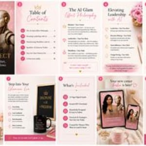 May include: A ten-page digital guide titled The AI Glam Effect featuring a table of contents, leadership strategies, workflow transformations, and a toolkit. The document includes pink accents, text, and graphics, available as an instant download.