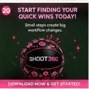 Puede incluir: Un bal&oacute;n de baloncesto negro con un patr&oacute;n floral rosa y el texto SHOOT360 en rosa. La imagen incluye el texto 20 START FINDING YOUR QUICK WINS TODAY! Small steps create big workflow changes. DOWNLOAD NOW & GET STARTED! con estrellas rosas.