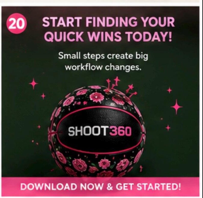 Puede incluir: Un bal&oacute;n de baloncesto negro con un patr&oacute;n floral rosa y el texto SHOOT360 en rosa. La imagen incluye el texto 20 START FINDING YOUR QUICK WINS TODAY! Small steps create big workflow changes. DOWNLOAD NOW & GET STARTED! con estrellas rosas.