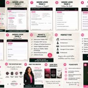 Puede incluir: Una plantilla de auditor&iacute;a empresarial digital que incluye varias p&aacute;ginas con campos interactivos, listas de verificaci&oacute;n y preguntas guiadas. El dise&ntilde;o incluye secciones para mapeo de procesos, planes de acci&oacute;n, beneficios e instrucciones, todo presentado en un dise&ntilde;o limpio y profesional con detalles en negro y rosa.