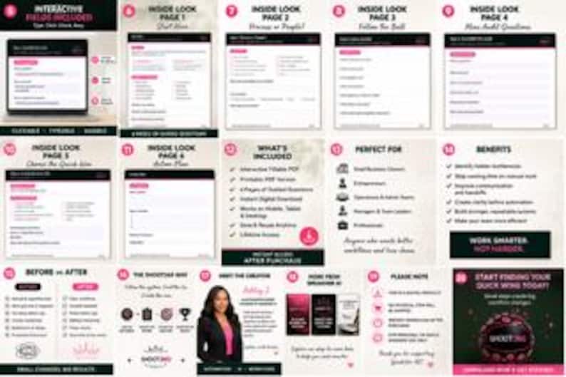 Puede incluir: Una plantilla de auditor&iacute;a empresarial digital que incluye varias p&aacute;ginas con campos interactivos, listas de verificaci&oacute;n y preguntas guiadas. El dise&ntilde;o incluye secciones para mapeo de procesos, planes de acci&oacute;n, beneficios e instrucciones, todo presentado en un dise&ntilde;o limpio y profesional con detalles en negro y rosa.