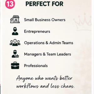 Puede incluir: Un gr&aacute;fico informativo blanco con un c&iacute;rculo rosa que contiene el n&uacute;mero 13. El texto dice: PERFECT FOR, Small Business Owners, Entrepreneurs, Operations & Admin Teams, Managers & Team Leaders, Professionals, Anyone who wants better workflows and less chaos.