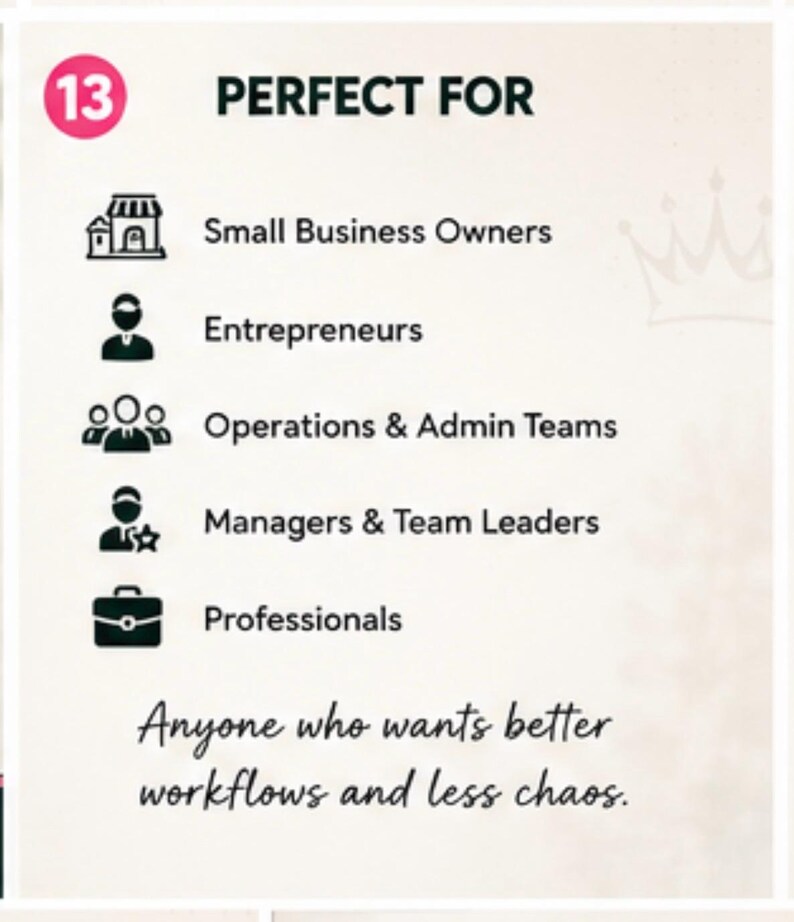Puede incluir: Un gr&aacute;fico informativo blanco con un c&iacute;rculo rosa que contiene el n&uacute;mero 13. El texto dice: PERFECT FOR, Small Business Owners, Entrepreneurs, Operations & Admin Teams, Managers & Team Leaders, Professionals, Anyone who wants better workflows and less chaos.