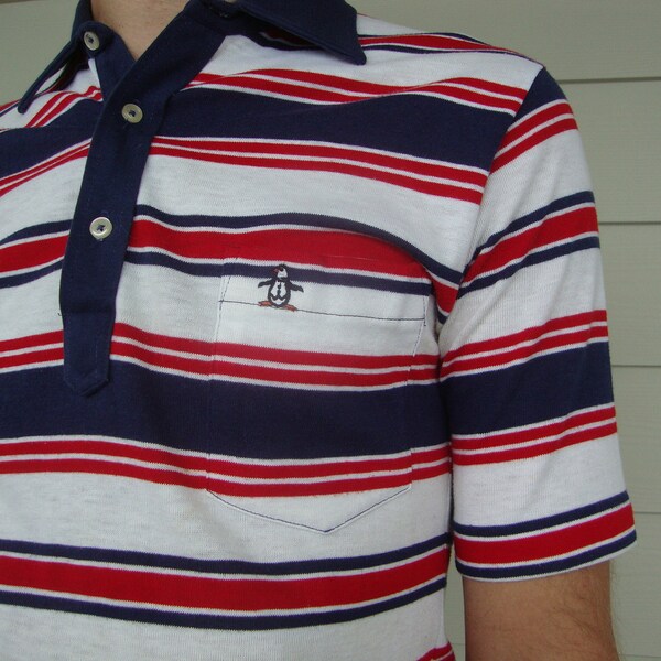 SALE - Vintage 1970s Men's Grand Slam Munsingwear Penguin Polo Shirt - Red, White & Blue - Stripes - Small - 70's - Made U.S.A. - Skinny Fit