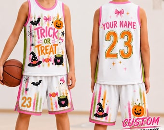 Personalized Halloween Basketball Jersey, Girly Trick or Treat Ghost Jersey, Custom Name and Number Pumpkin Jersey