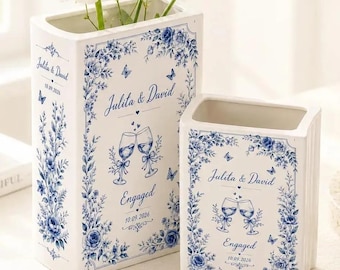 Personalized Engagement Ceramic Book Vase, Custom Toile De Jouy Book Vase, Couple Name Flower Vase, Wedding Gift for Couple