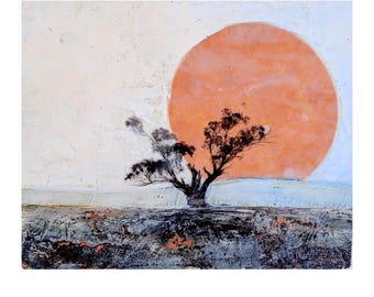 Original Encaustic Painting, Mixed Media, Tasmanian Landscape Art with Solitary Tree