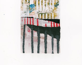 Original Abstract Collage Artwork, Hand Painted Black Ochre Green Vintage Book Page Mixed Media