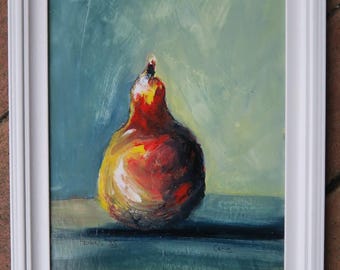 Pear Painting, Framed, One of  Kind, Acrylic Still Life, Framed & Ready to Hang