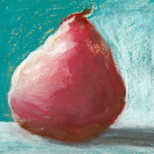 May include: A pastel drawing of a single red pear centred against a vibrant teal background. The fruit features deep crimson and magenta tones with soft white highlights along the side, rendered with visible, textured chalk strokes.