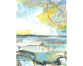 Original Semi Abstract watercolour coastal light, sea life, and shifting tides
