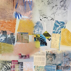May include: A mixed media collage featuring layered paper elements in various colors including orange, yellow, blue, and black. The composition includes printed text, botanical leaf patterns, geometric shapes, and gold foil accents arranged in an abstract layout.