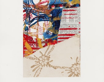 Original Abstract Collage Artwork, Hand Painted Blue Red Ochre Vintage Text Mixed Media