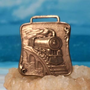 Vintage Embossed Locomotive Railroad Watch Fob Gold tone