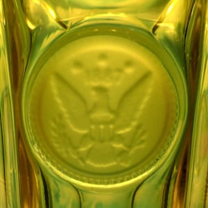 Vintage Olive Green Fostoria Glass, Frosted Coin 1887 Eagles & Liberty Torches, 13" Footed Urn with Lid