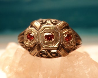 Antique Three Stone Garnet .10ct Art Nouveau, Sterling Silver Filigree Ring, Size 6.25