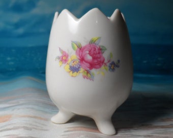 Vintage Porcelain Footed Cracked Egg Vase Pink Roses Blue, Yellow and Green Floral