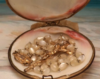 Vintage Mother of Pearl Rosary, Italy in White and Pink Clamshell Case