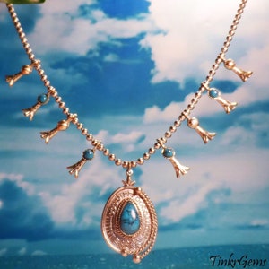 Vintage Squash Blossom, Faux Turquoise,  Silvertone Bead Necklace 24&quot; Long, Signed ART