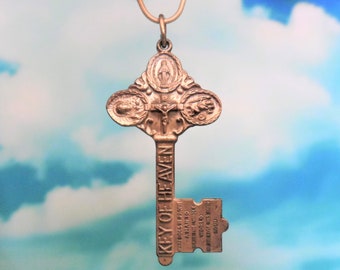 Vintage  Key Of Heaven, Catholic Medal, 4 Way Holy Devotional Pendant, Pat. Date 165,394 and Sterling SilverSnake Chain Necklace