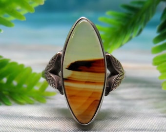 Antique Banded Agate, Sterling Silver Ring, Signed Uncas Mfg. Co