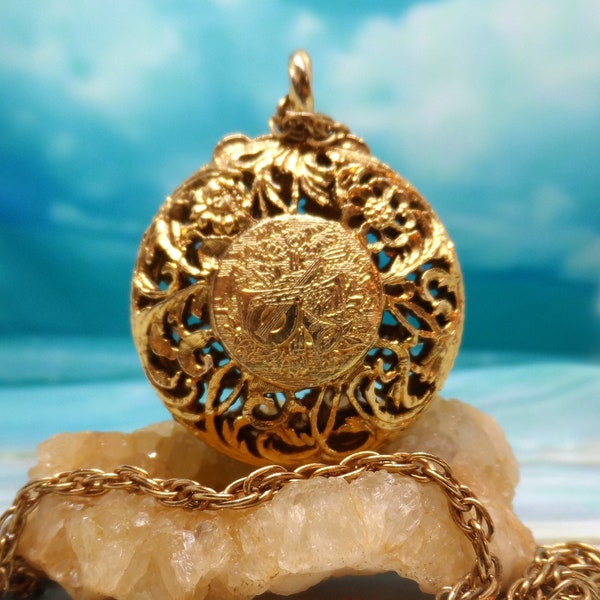 Vintage Golden Musical Instruments, Open Work Floral Filigree, Reversible Solid Perfume Locket on 30" Rope Necklace