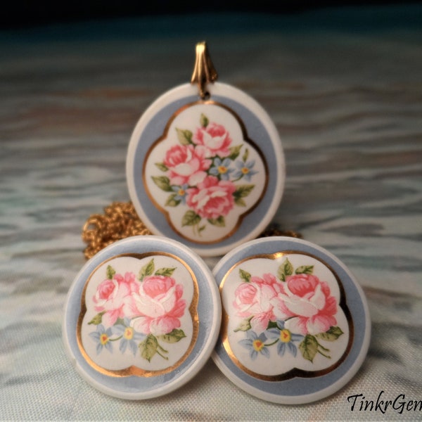Vintage Pink Roses, Blue and White Porcelain Pendant and Matching Post Earrings, 24" Golden Rope Necklace Set