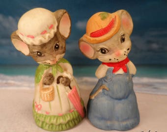 Jasco Bisque Porcelain Mr. & Mrs. Country Mouse Figural Critter Bells Taiwan Set of Two