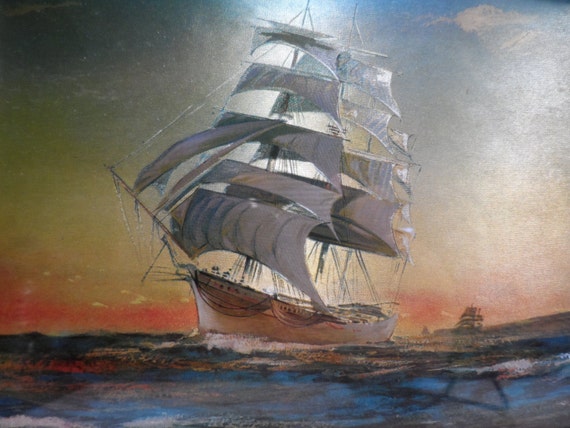 Vintage Dufex Foil Print: Old English Sailing Ship, Solid Wood