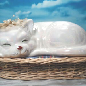 Vintage Sleeping Cat with Wicker Bed, Opalescent Porcelain, Large Figurine or Statue, Enesco, Taiwan