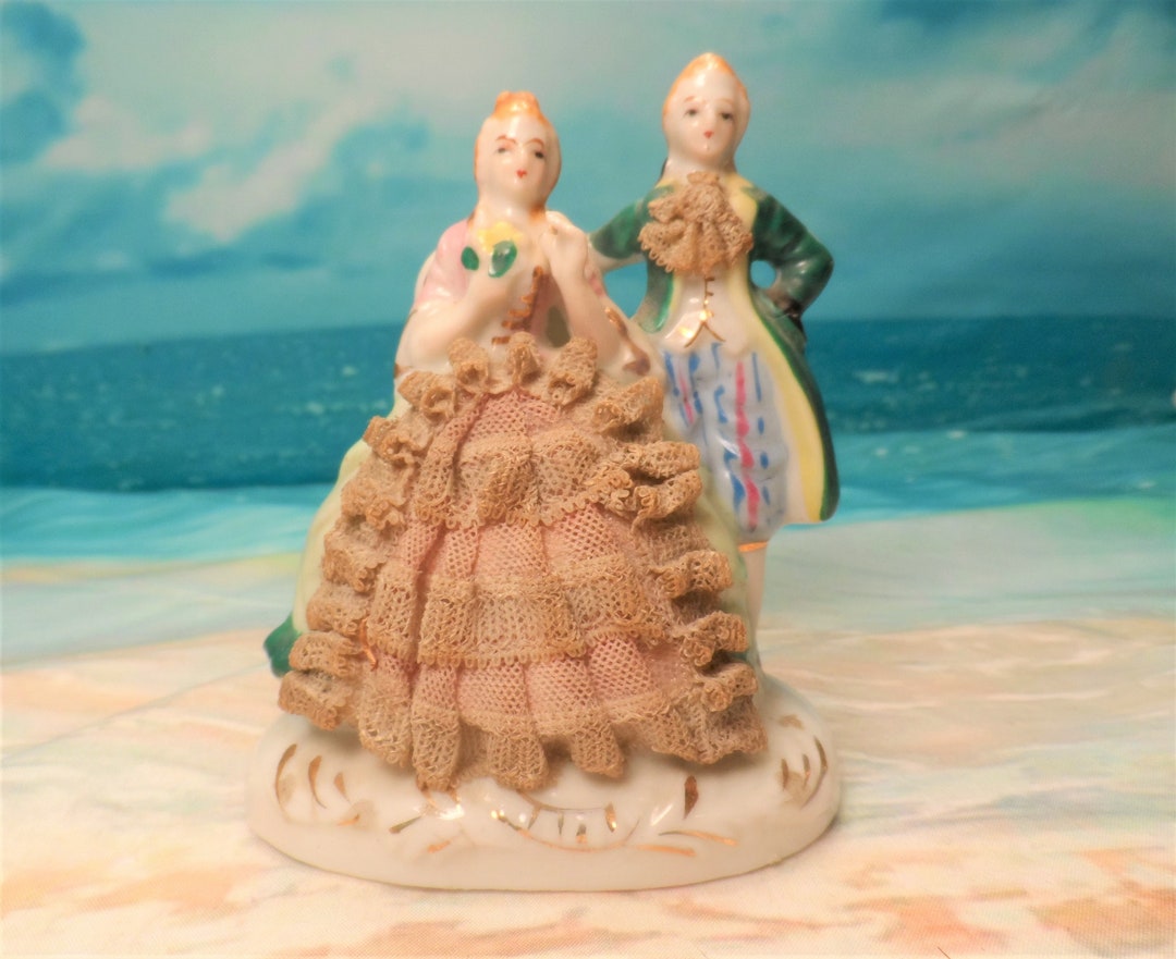 Vintage Royal Japan Porcelain Figurine Victorian Couple Real Lace Gold