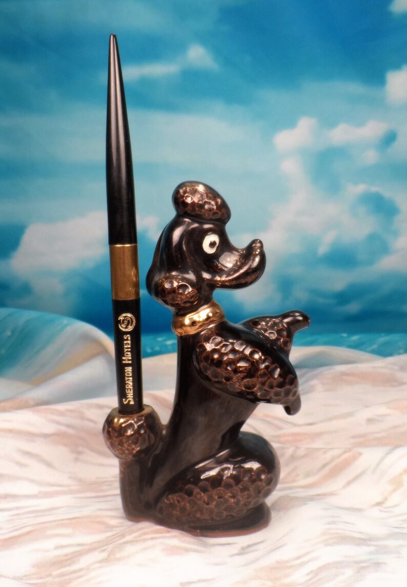 Vintage Ball Point Pen and Poodle Holder Ceramic Black ...