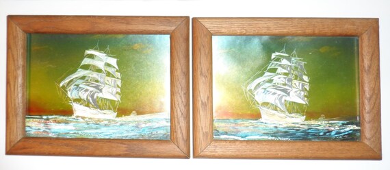 Vintage Dufex Foil Print: Old English Sailing Ship, Solid Wood