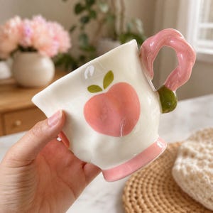 Handmade Peach Ceramic Mug, Wavy Rim Pinch Pot Coffee Cup, Cute Fruit 3D Handle Latte Mug, Aesthetic Romantic Gift for Her