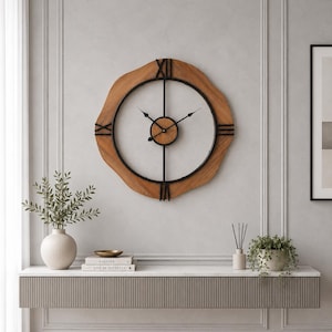 May include: A round wall clock featuring a natural wood slab frame with an irregular edge. The clock face consists of a black metal circular frame with thin vertical and horizontal crossbars, black hands, and black Roman numerals at the cardinal points.