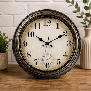 Vintage-Wanduhr aus Bronze mit Thermometer für den Außenbereich, wasserdichte Terrassenuhr, Metall-Gartenwanddekoration, rustikale Verandauhr, Akzent für den Außenbereich
