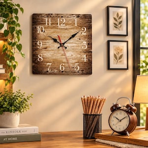 May include: A square wall clock with a brown wood grain pattern, white Arabic numerals, and black hour and minute hands with a red second hand. The clock face displays numbers from 1 to 12 in a serif font, mounted on a plain light-colored wall.