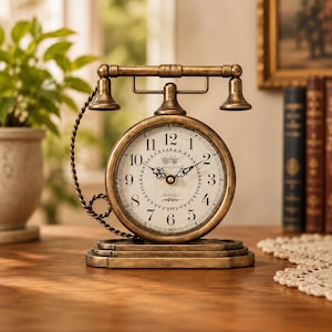 May include: A round analog clock with a metallic bronze finish, designed to resemble a vintage telephone. The clock face features black Arabic numerals, ornate black hands, and a decorative floral motif in the center, all set on a rectangular base.