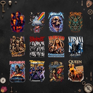 May include: A collection of twelve rectangular graphic prints featuring iconic rock and metal band imagery, including U2, Pink Floyd, Metallica, Slipknot, Kurt Cobain, David Coverdale, Nirvana, Iron Maiden, Thin Lizzy, Rolling Stones, and Queen.