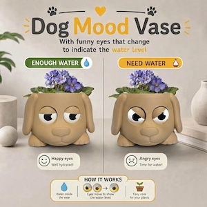 May include: A tan dog-shaped planter labeled Dog Mood Vase with moving eyes that indicate water levels. The left side shows happy eyes for enough water, while the right side shows angry eyes for when the plant needs water. Text explains how it works.
