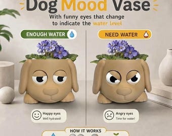 Jarrón con forma de perro / Maceta con autorriego y ojos animados (indicador de nivel de agua)