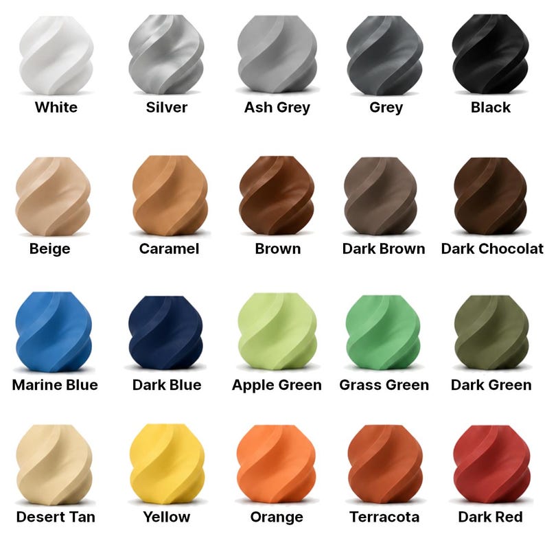 May include: A collection of twenty small, spiralled, cylindrical vases arranged in a grid. Each vase features a distinct solid colour, including white, silver, ash grey, grey, black, beige, caramel, brown, dark brown, dark chocolate, marine blue, dark blue, apple green, grass green, dark green, desert tan, yellow, orange, terracotta, and dark red.