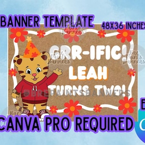 Peut inclure: Un modèle de bannière rectangulaire de 48x36 pouces avec un tigre de dessin animé portant un chapeau de fête et un sweat à capuche rouge. Le texte indique GRR-IFIC! LEAH TURNS TWO! Le design présente un fond marron, une bordure ondulée blanche et des fleurs rouges.
