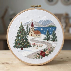 Winter Mountain Church Embroidery Kit, Christmas Landscape DIY Needlecraft, Snowy Lake Scene Hand Embroidery Pattern, Holiday Craft Kit
